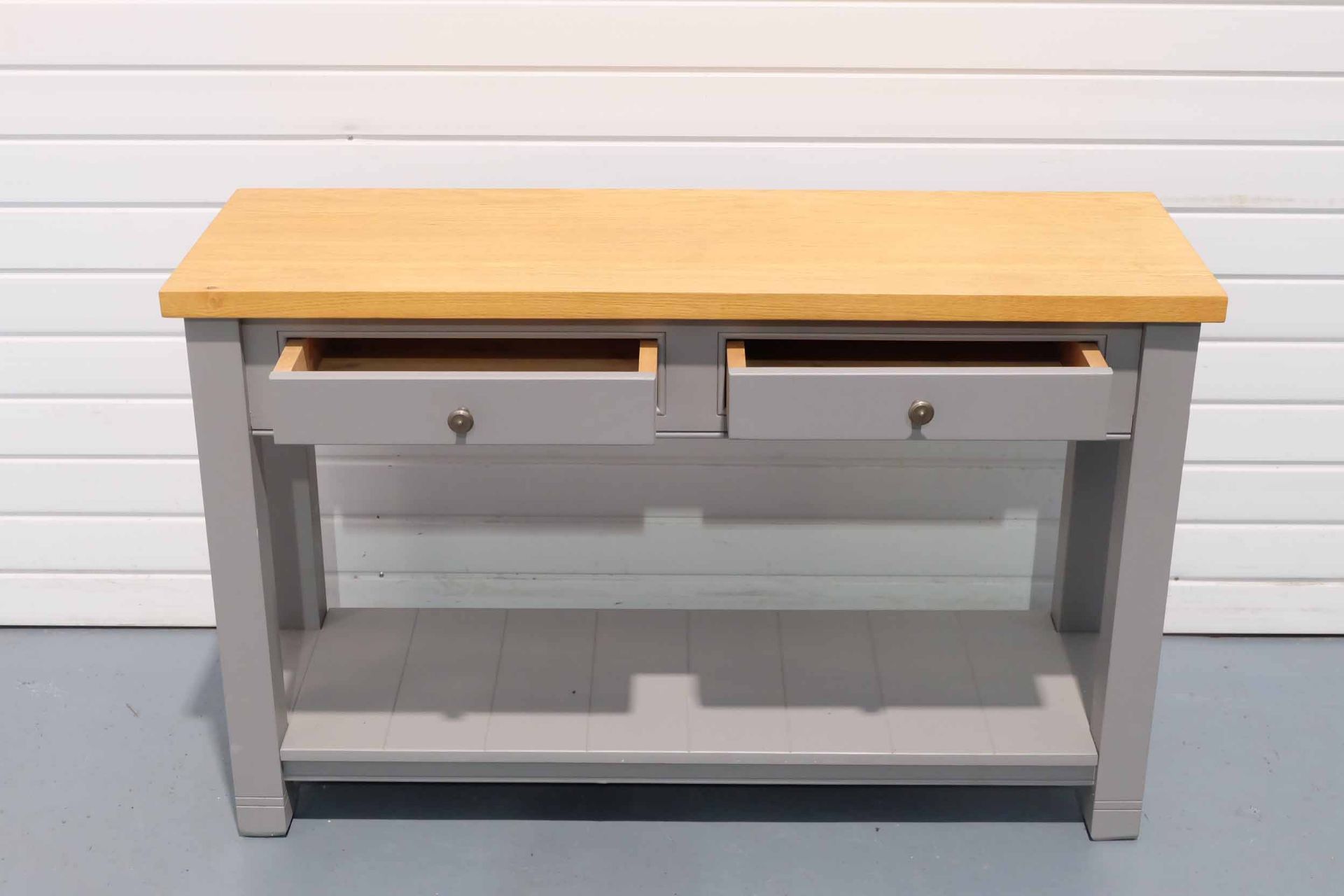 Solid Wood Console Table Painted Grey With Wooden Top. 2 x Drawers & Shelf. - Image 3 of 6