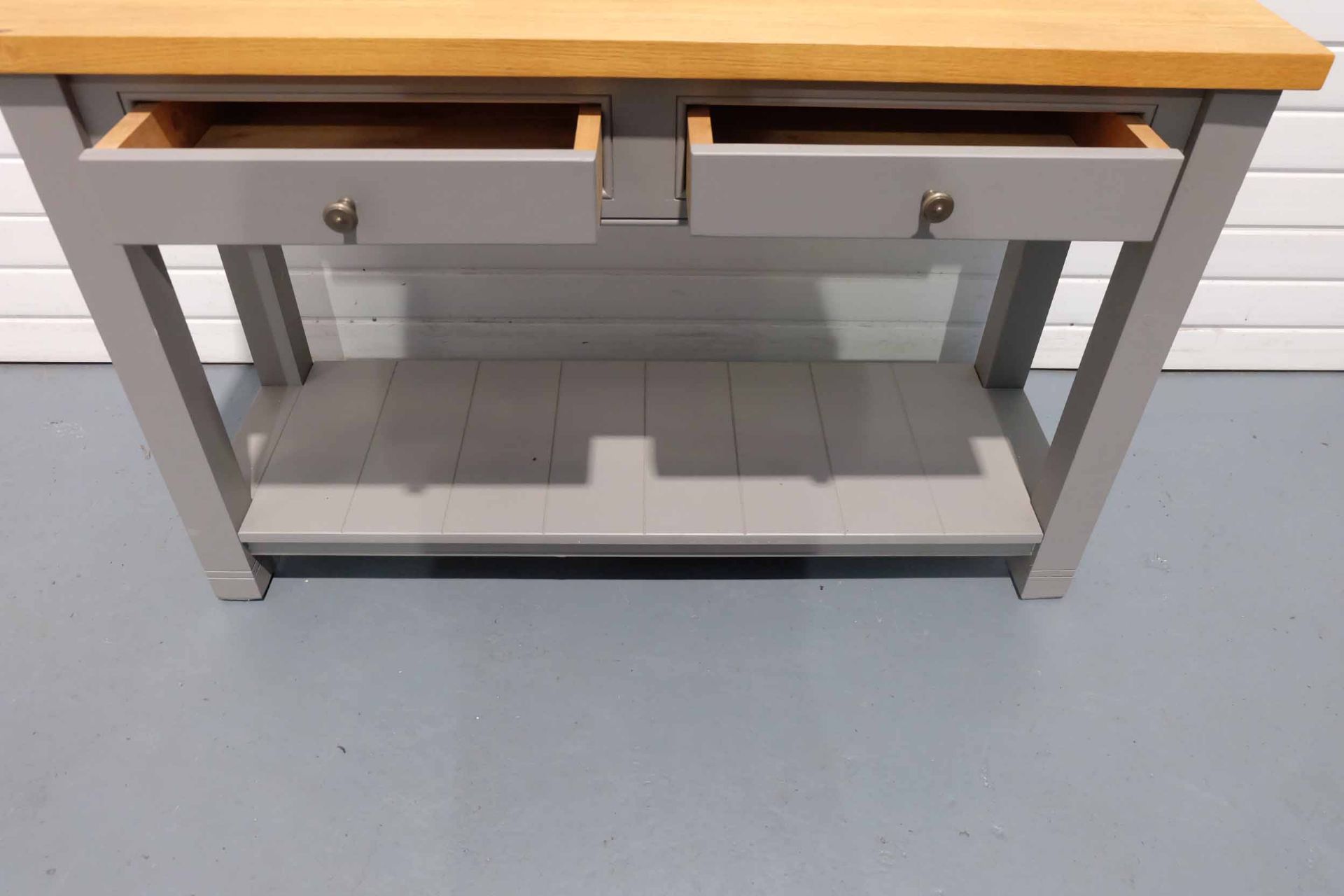 Solid Wood Console Table Painted Grey With Wooden Top. 2 x Drawers & Shelf. - Image 4 of 6