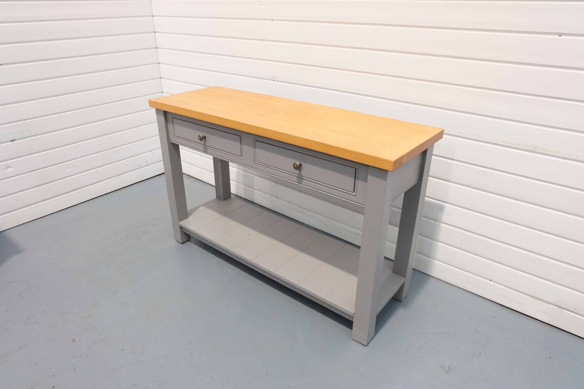 Solid Wood Console Table Painted Grey With Wooden Top. 2 x Drawers & Shelf. - Image 6 of 6