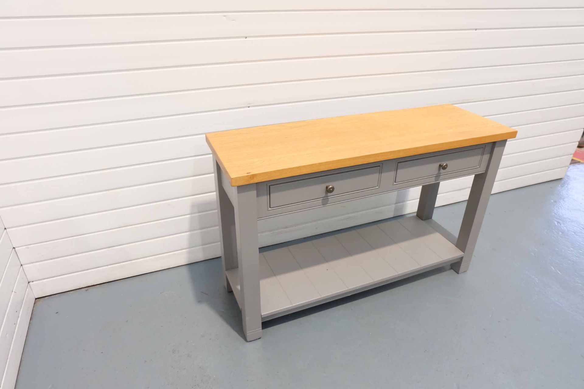Solid Wood Console Table Painted Grey With Wooden Top. 2 x Drawers & Shelf. - Image 5 of 6