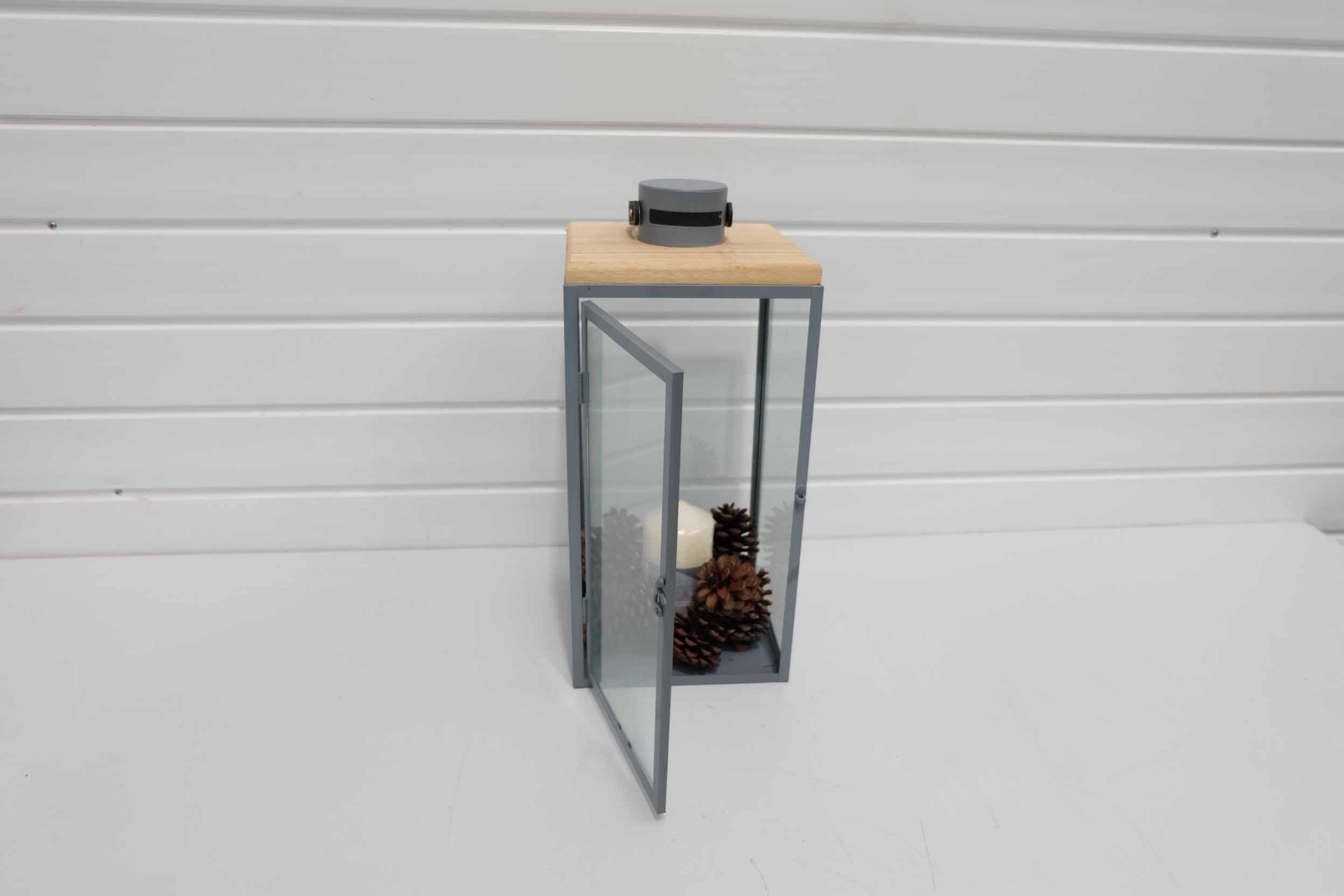 Grey Lantern Candle Holder With Leather Handle and Wooden Top. - Image 4 of 6