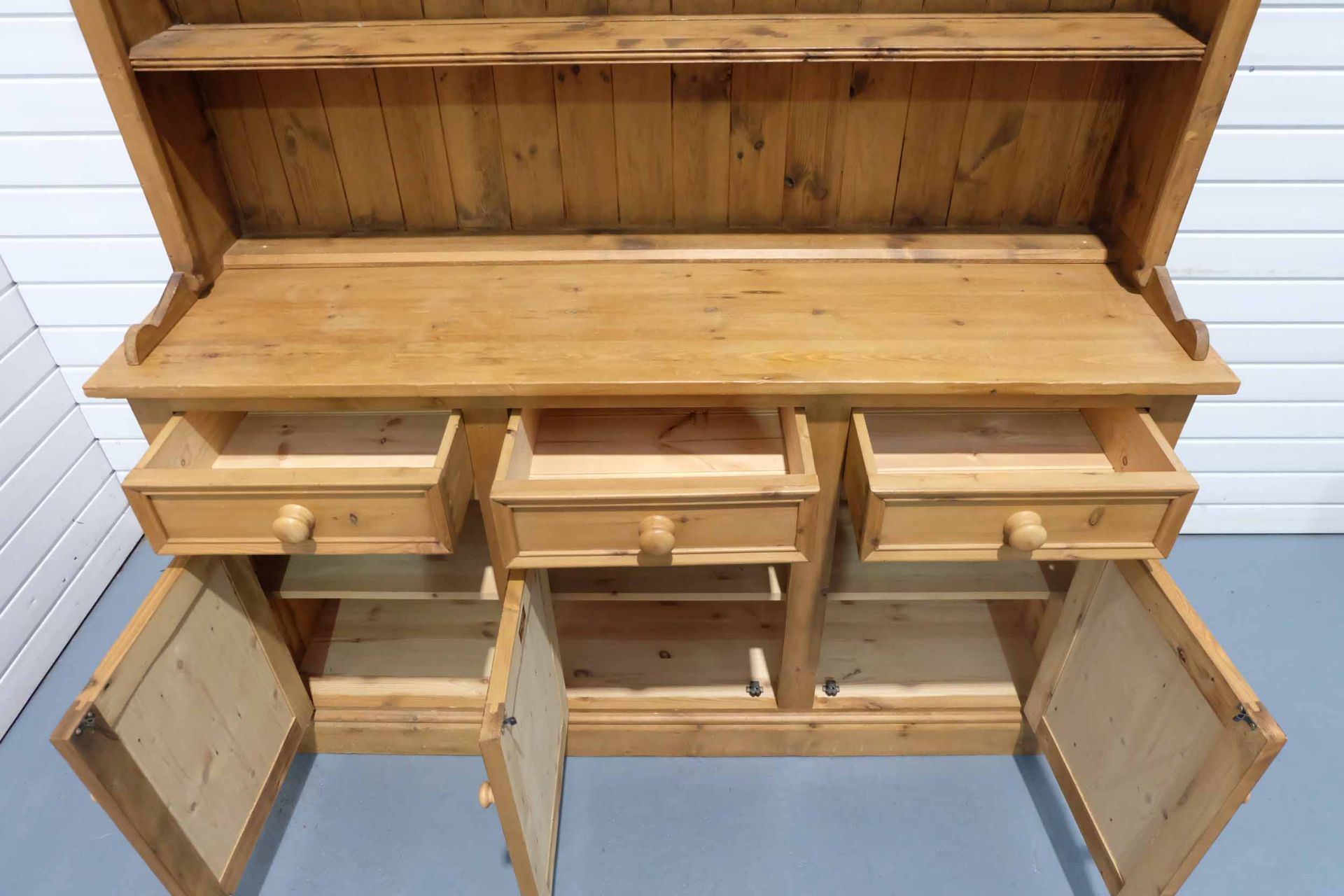 2 Piece Pine Dresser. 2 Shelves in Top Cabinet. 3 Drawers and 3 Doors in Bottom Cabinet. - Image 8 of 9