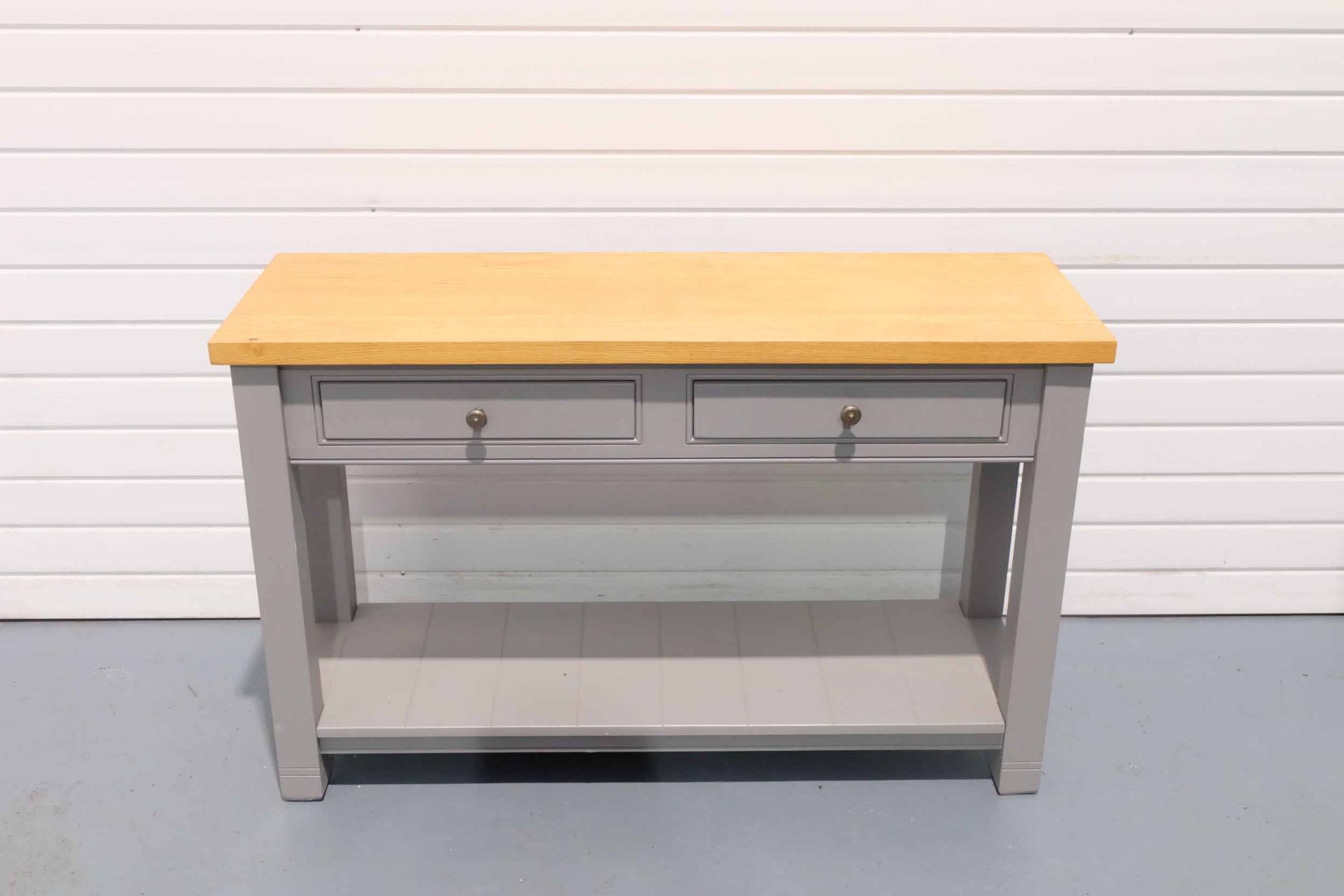 Solid Wood Console Table Painted Grey With Wooden Top. 2 x Drawers & Shelf.