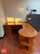 Office Contents: (2) Desks, (3) Office Chairs, (6) Stack Chairs, (2) 4-Drawer Lateral File Cabinets