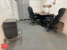 Office Contents: Desk Chairs, (2) File Cabinets, (3) S/S Dunnage Racks and Work Uniforms