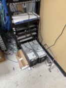 Computer Room Contents: Shelf with Contents, (2) Monitors, Assorted Key Boards and (3) PC Power Back