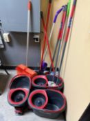 Cleaning Room Contents: Mop Pails, Swiffers, 5-Tier Plastic Shelf and Key Cabinet