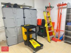 (2) Rubbermaid Cabinets, (2) Carts, Brooms, Squeegees and Buckets
