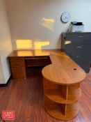 Office Contents: (2) Desks, (3) Office Chairs, (6) Stack Chairs, (2) 4-Drawer Lateral File Cabinets