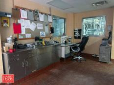 S/S Counter with Sink and Drawers: 7' x 2', Desk, Corkboard, Chair, Phone, Water Fountain and Paper
