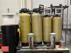 (4) Tank Pentair Water Softener Skid with (2) Salt Bins, Piping and Values: Mounted on Steel Base