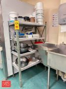 Assorted Baking Equipment, Including: Bowls, Scoops, Pans and Measuring Cups with Shelf: 3' x 18