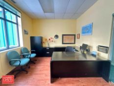 Desk, (3) Chairs, Monitor, Keyboard, Mouse, (2) Logitech Speakers, File Cabinet, Book Shelf, Cabinet