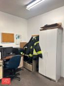 HP CPU, Monitor, Keyboard, Mouse, Toshiba Printer, Chair, File Cabinet and Cabinet