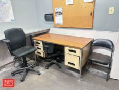 (2) Desks, (3) Chairs, Cork Board, (3) Dollies and Cabinet