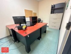 Desk, (2) Chairs, File Cabinet, Book Shelf, Monitor, HP CPU, Fellows Paper Shredder, Hutch and (2) C