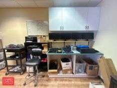 Chair, (4) Monitors, (3) Tablets, Assorted Cords, Book Shelfs, Cart, Keyboards and Zebra Printer