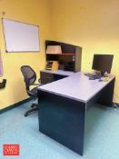 (2) Desk, (3) Monitors, Hutch, Bookshelf, File Cabinet, Foldable Poly Table, (2) Whiteboards, (2) Co