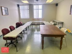 Desk, (15) Chairs, (5) Foldable Poly Tables, Wooden Table and Cabinet
