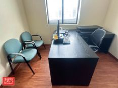 Desk, (3) Chairs, Monitor, Keyboard, Mouse, HP CPU, File Cabinet, Hutch, Adjustable Monitor Platform