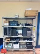 Assorted CPU's, Printers, Keyboard, Mice, Cords, Phones, Portable Rack and (2) Racks