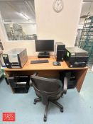 Desk, Monitor, Keyboard, Mouse, HP CPU, Phone, Chair, (2) File Cabinets and Shelf