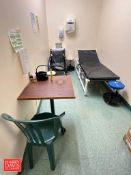 Cot, Wheelchair, (2) Portable Stools, Cabinet, Table, Defibrillator, Oxygen Tank, First-aid Supplies