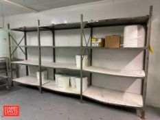 (3) Shelves: 4’ x 2’ x 6’ Height, S/S Hand Cart, (4) Carts and 100 Gallon Poly Tank with S/S Stand
