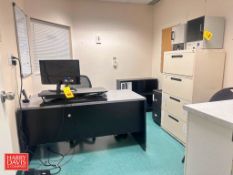 Desk, (2) Chairs, (2) Monitors, Keyboard, Mouse, Phone, (2) File Cabinets, Shelf, Whiteboard, Corkbo