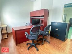 Desk, (3) Chairs, (2) Monitors, Keyboard, Mouse, Shelf, Cabinet, Conference Table: Mounted on Caster