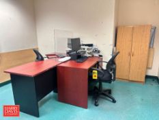 (2) Desks, (2) Chairs, (2) Monitors, Cabinet, Hutch, Whiteboard and Corkboard