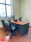 Desk, (3) Chairs, (2) File Cabinets, (2) Monitors, Keyboard, Mouse and (2) Logitech Speakers