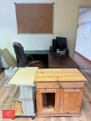 Desk, Monitor, Keyboard, Mouse, CPU, (2) Creative Speakers, Cabinet and Table: Mounted on Casters