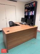 Desk, (3) Chair, (2) Monitors, Keyboard, Mouse, (2) Bookshelf, File Cabinet, Whiteboard and (2) Stoo