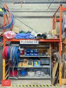 Assorted PVC and Copper Fittings, Tubing, Hoses, Clamps and Section of Pallet Racking: 12' x 8'