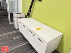 Base Cabinet, Easel and White Touchless Trash Can