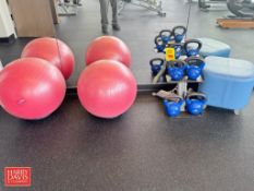 (4) Body Solid Kettlebells with Stand, (2) SRPI Exercise Balls: 65 CM and Stool