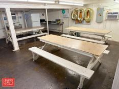 (3) Tables, UniFirst First Aid Station and GE Refrigerator