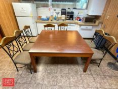 GE Refrigerator, Table: 5’ x 5’, (7) Chairs and Shelf