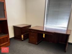 All Wood Double Pedestal Desk, 4-Drawer Cabinet, Glass Door Cabinet and Corner Bookshelf