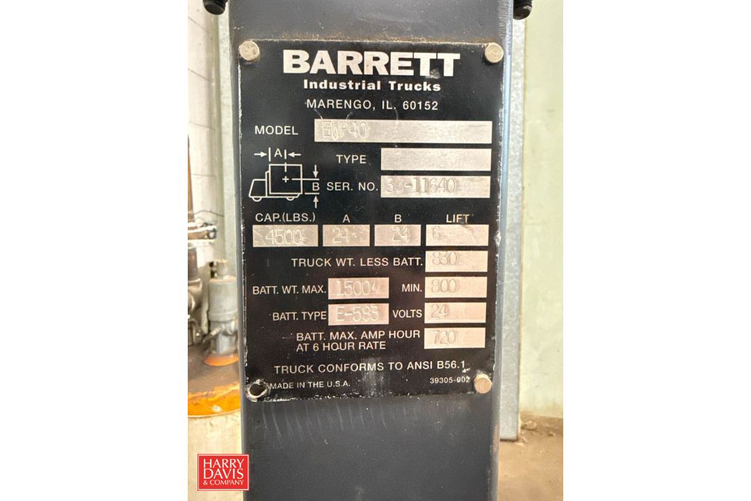 Barrett 4,500 Capacity Electric Pallet Jack, Model: EWP40, S/N: 56-11640 - Image 3 of 3