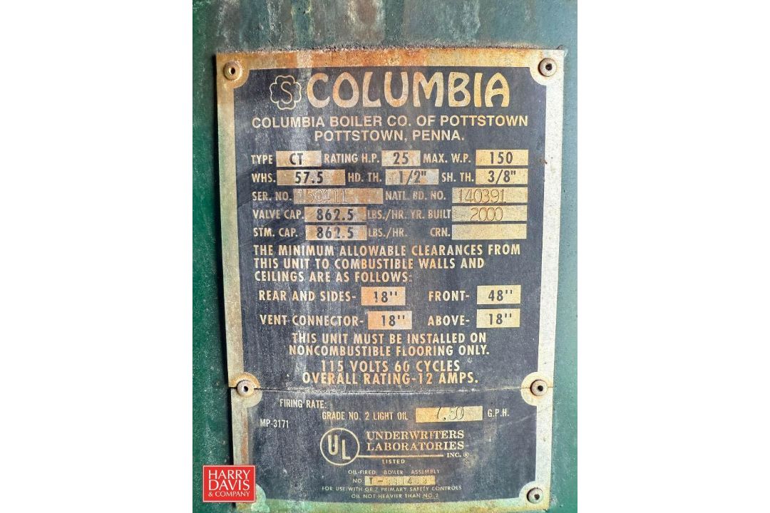 2000 Columbia Oil Fired Steam Boiler, Model: CT, S/N 150411 with Water Feed Tank and Control - Image 3 of 5