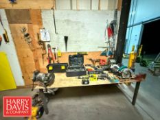 Assorted Tool Lot, Including: (3) Bench Grinders, Socket and Wrench Sets, (2) Band Saws, (2) Vice