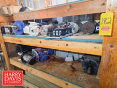 Shelves with Contents, Including: (18) Motors, (6) Gear Boxes, Pump, Anti-Slip Tape, Poly-Flow