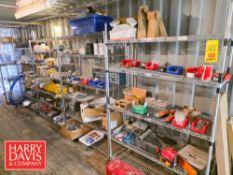 Wire Shelves with Contents, Including: S/S Hardware, Cutters, Bearings, Fuses, Hangers, Contactors