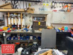 Work Bench with Contents, Including: Drill Bits, Nuts, Bolts, Castors, Makita Router, Craftsman Tool
