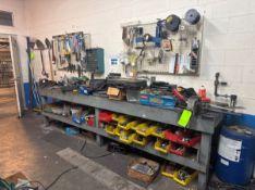 LOT OF ASSORTED FITTINGS, SHOP TABLE, SHOVELS, HAMMERS, SCREW DRIVERS, (2) VISES, TAP & DIE SET