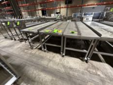 (3) PORTABLE S/S TABLES MOUNTED ON CASTERS, APPROX. 107 IN. L X 30 IN. W X 36 IN. H