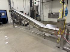 CLEATED INCLINE CONVEYOR, PREVIOUSLY UTILIZED AS PART OF WASTE REMOVAL SYSTEM, INFEED HOPPER APPROX.