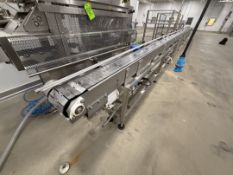 OHLSON S/S CLEATED TIMING CONVEYOR, APPROX. 15 IN. BETWEEN CLEATS, APPROX. 6 IN. W,